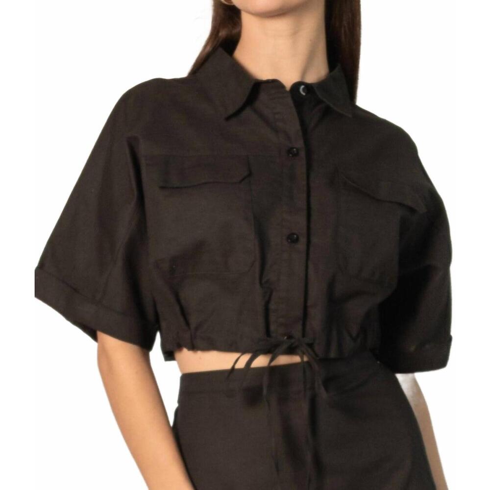 NEW BEFORE YOU COLLECTION brynlee linen blend drawstring top in black